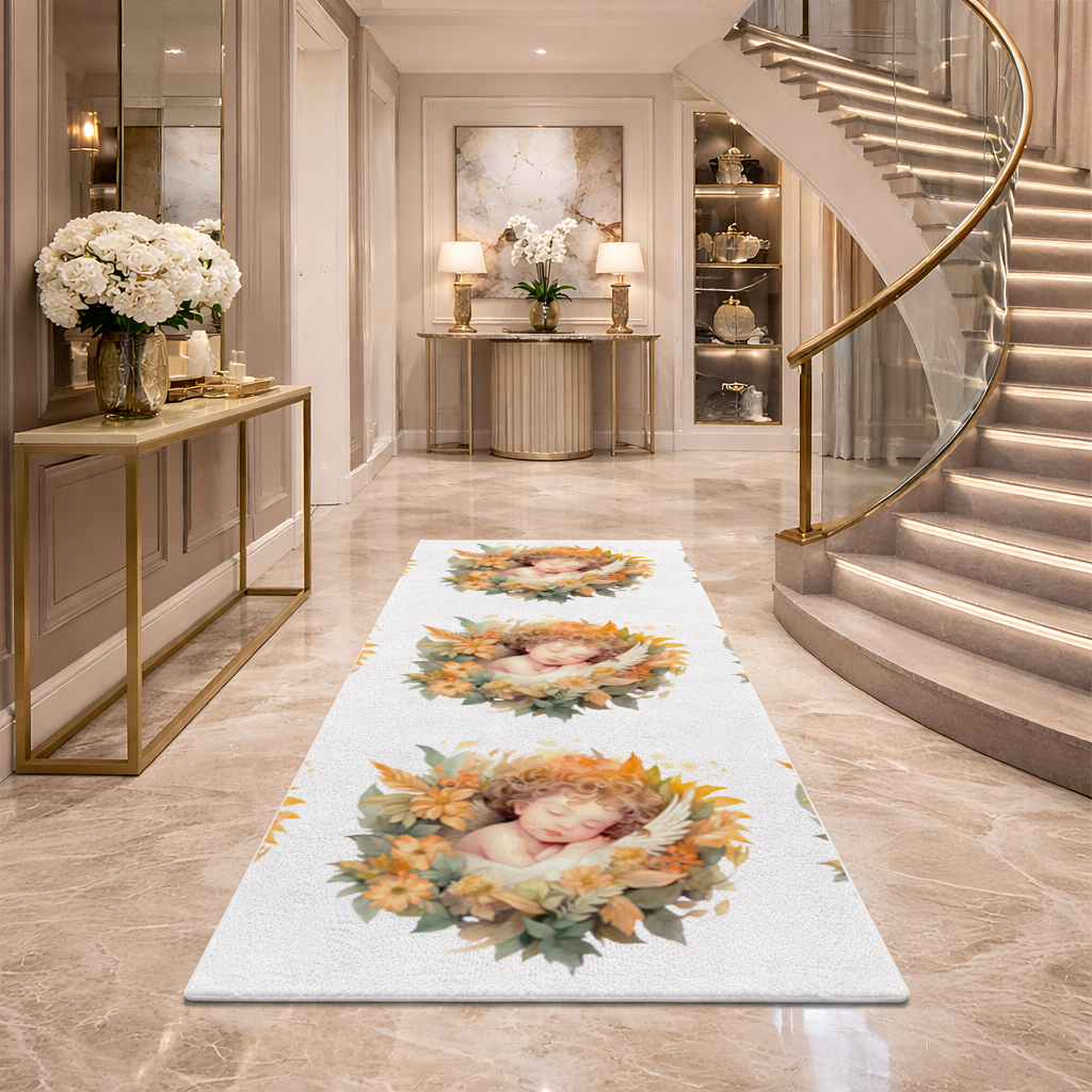 Sleeping Cherub in Cottagecore Flowers Hallway & Entryway Rug