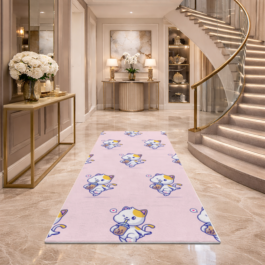 Kawaii Cat Drinking Boba Tea Hallway & Entryway Rug