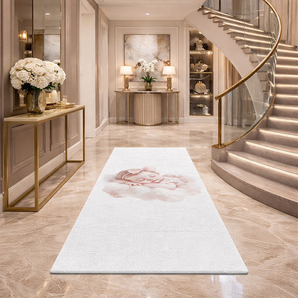 Pembe Kurdeleli Uyuyan Kız Bebek Antre ve Koridor Halısı