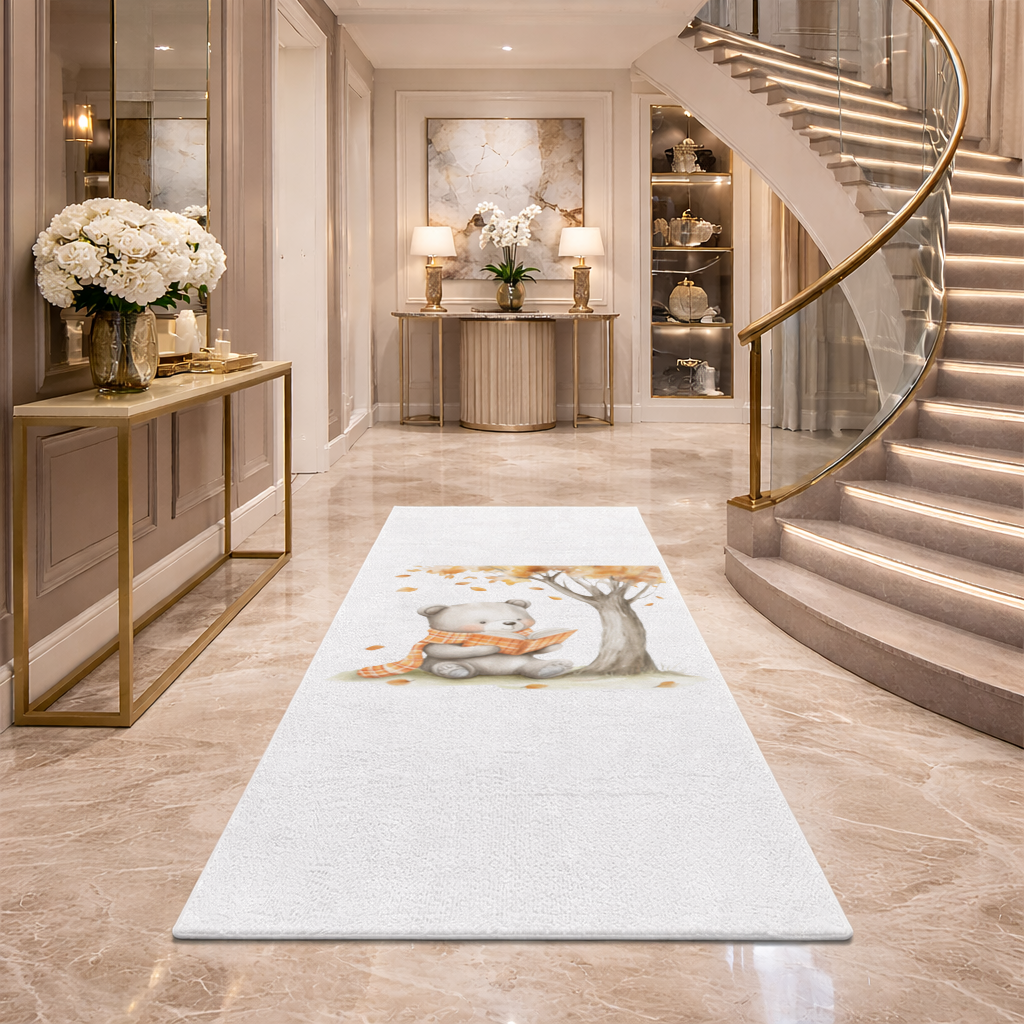 Kitap Okuyan Turuncu Atkılı Ayı Antre ve Koridor Halısı