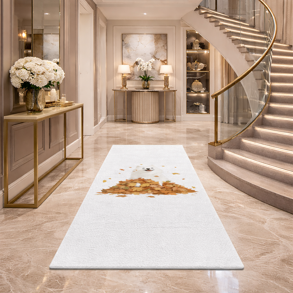 Happy White Dog in Autumn Leaves 