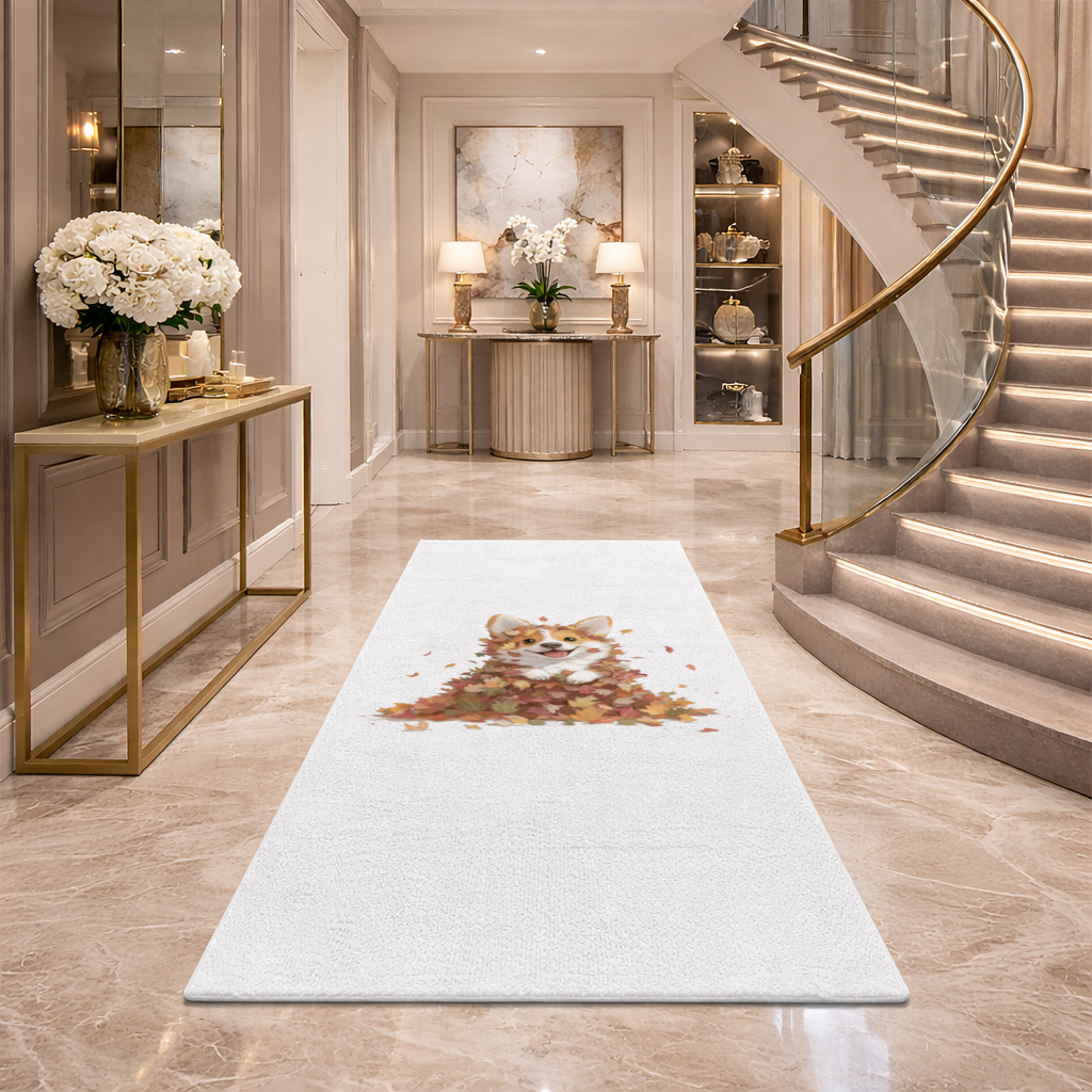 Happy Corgi Puppy in Fall Leaves Hallway & Entryway Rug