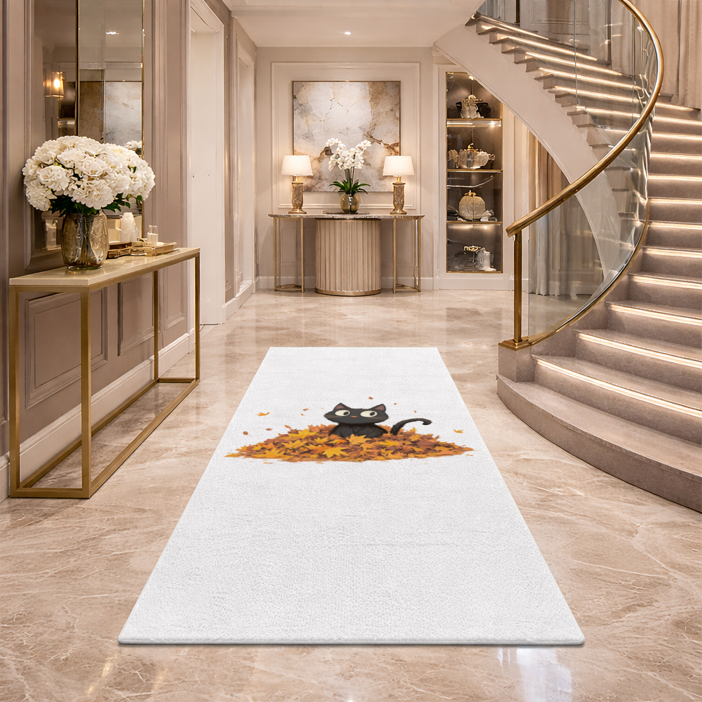 Sonbahar Yapraklarında Sevimli Siyah Kedi Antre ve Koridor Halısı