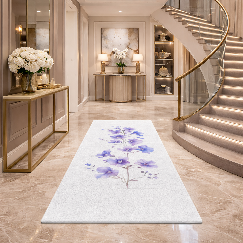 Zarif Mavi Kır Çiçekleri Antre ve Koridor Halısı