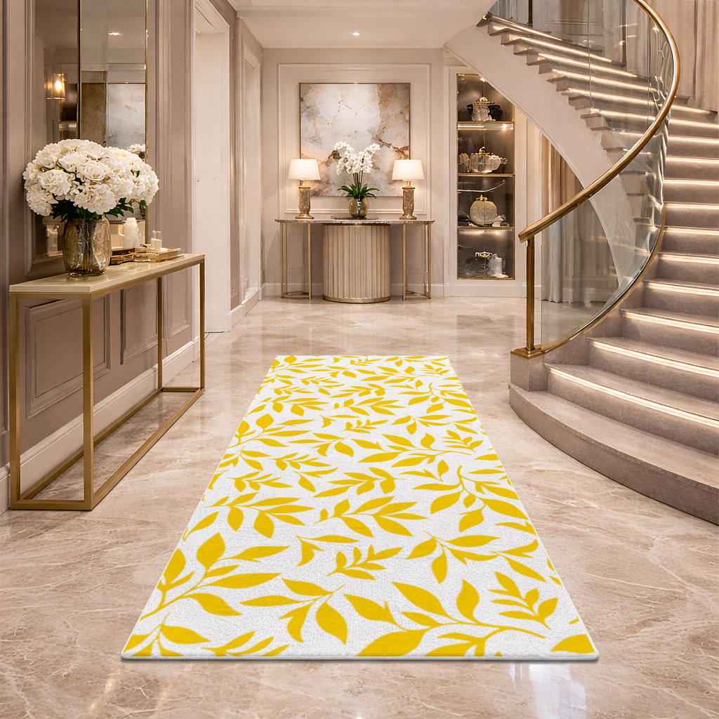 Mustard Yellow Botanical Leaves Hallway & Entryway Rug
