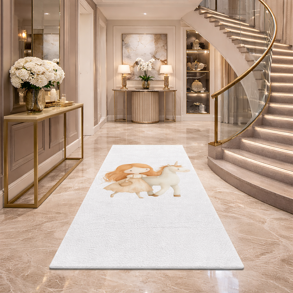 Ginger Girl with Whimsical White Unicorn Hallway & Entryway Rug