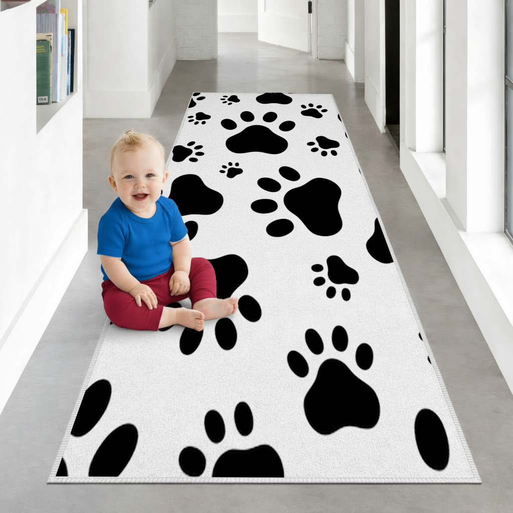Black and White Paw Pattern Design Hallway & Entryway Rug