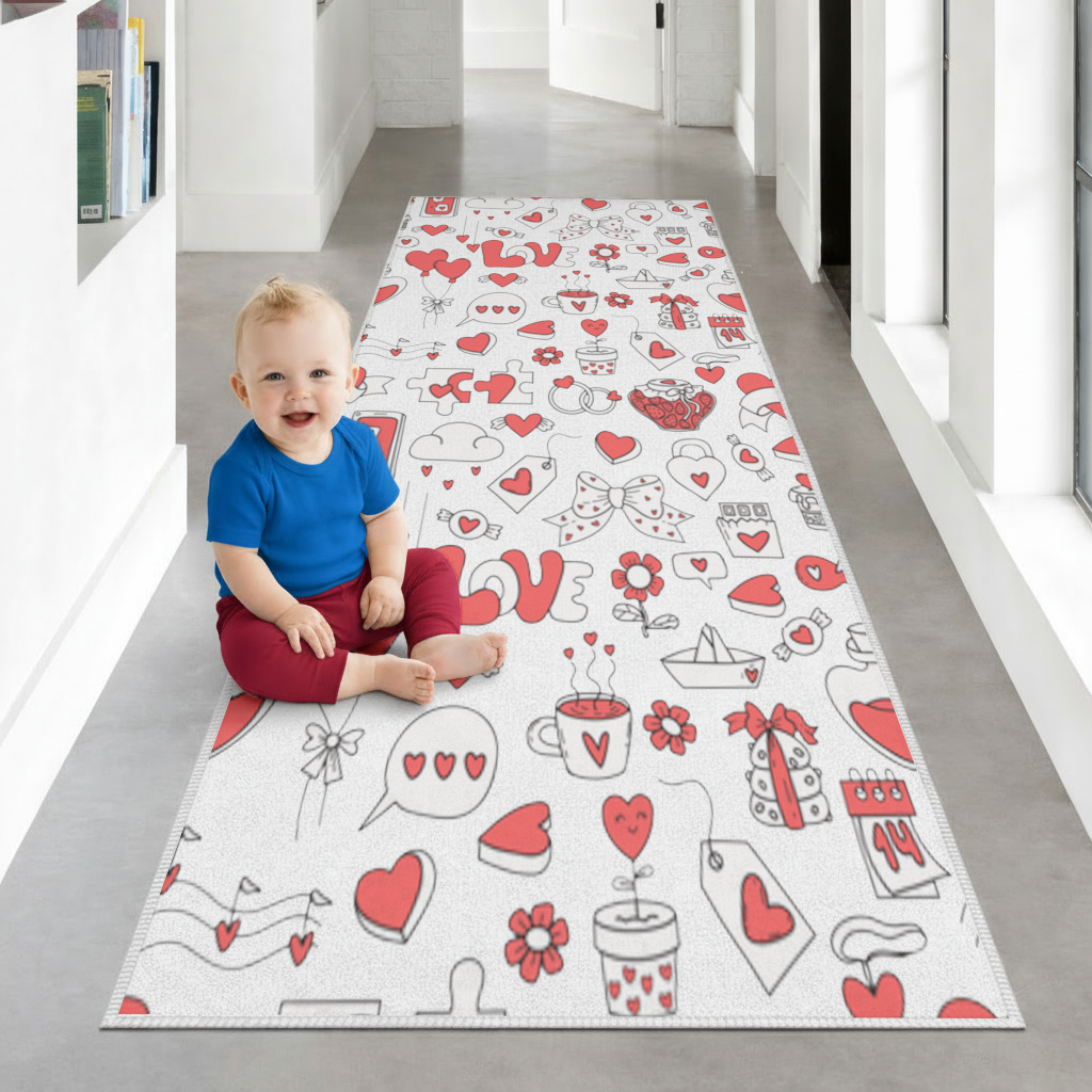 Valentines Day Doodle Love Heart Pattern Cute Design Hallway & Entryway Rug