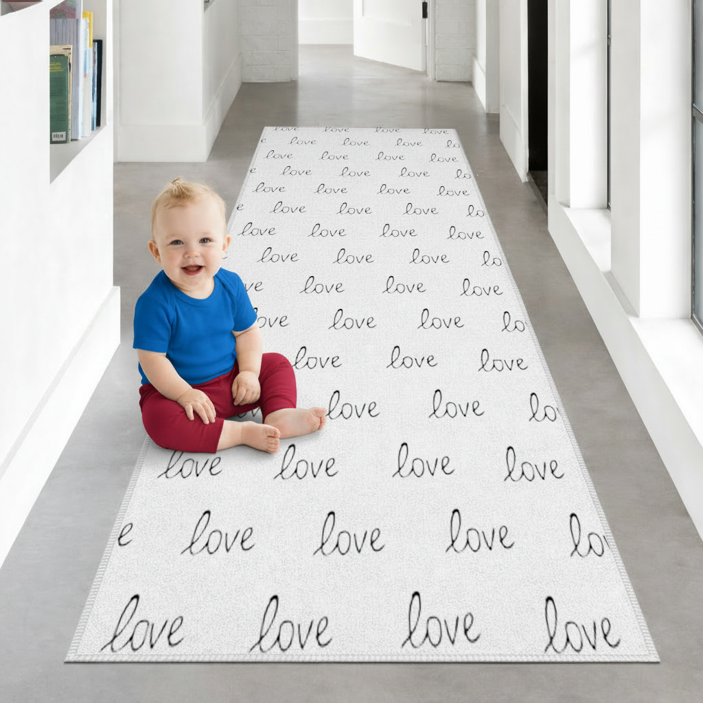 Minimal Black and White Love Text Pattern Design Hallway & Entryway Rug