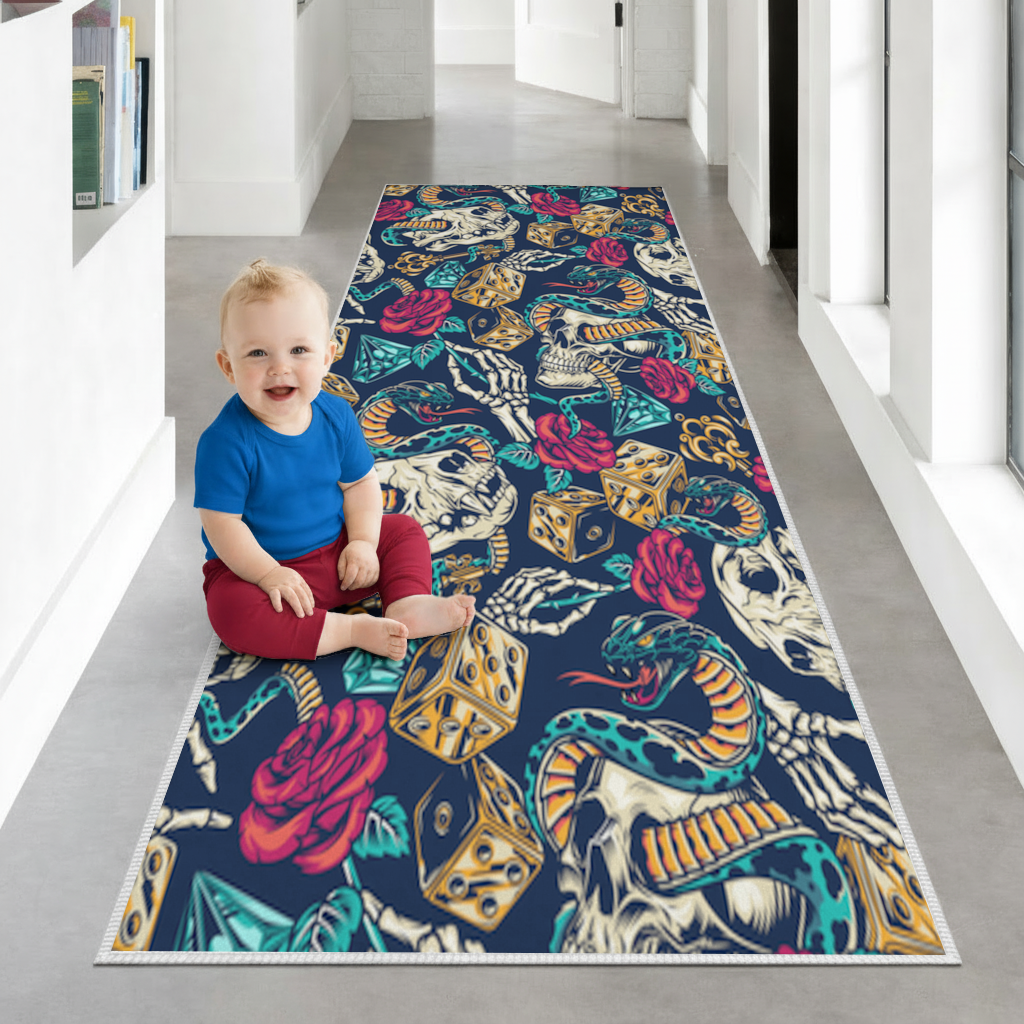 Skull Snake Dice and Roses Pattern Hallway & Entryway Rug