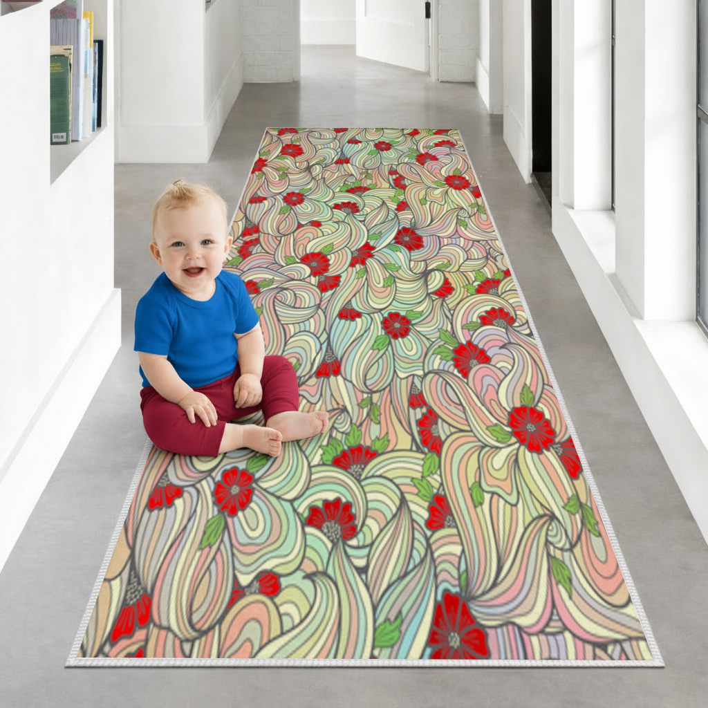 Floral Retro Wavy Pattern Hallway & Entryway Rug