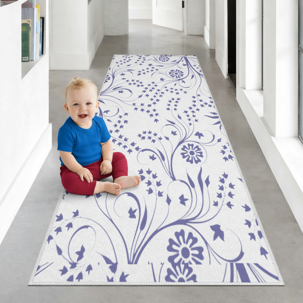 Blue White Vintage Floral Pattern Hallway & Entryway Rug