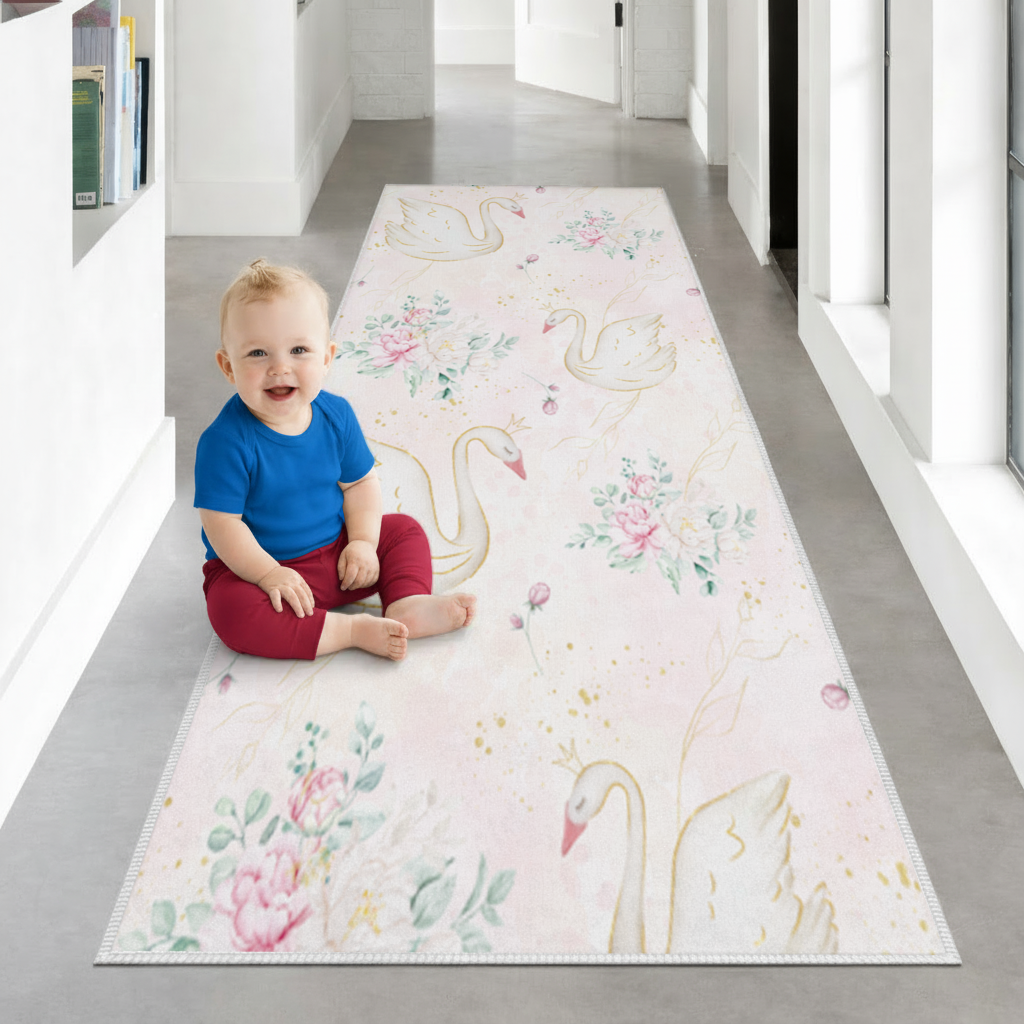 Pastel Watercolor Swan Floral Pattern Hallway & Entryway Rug