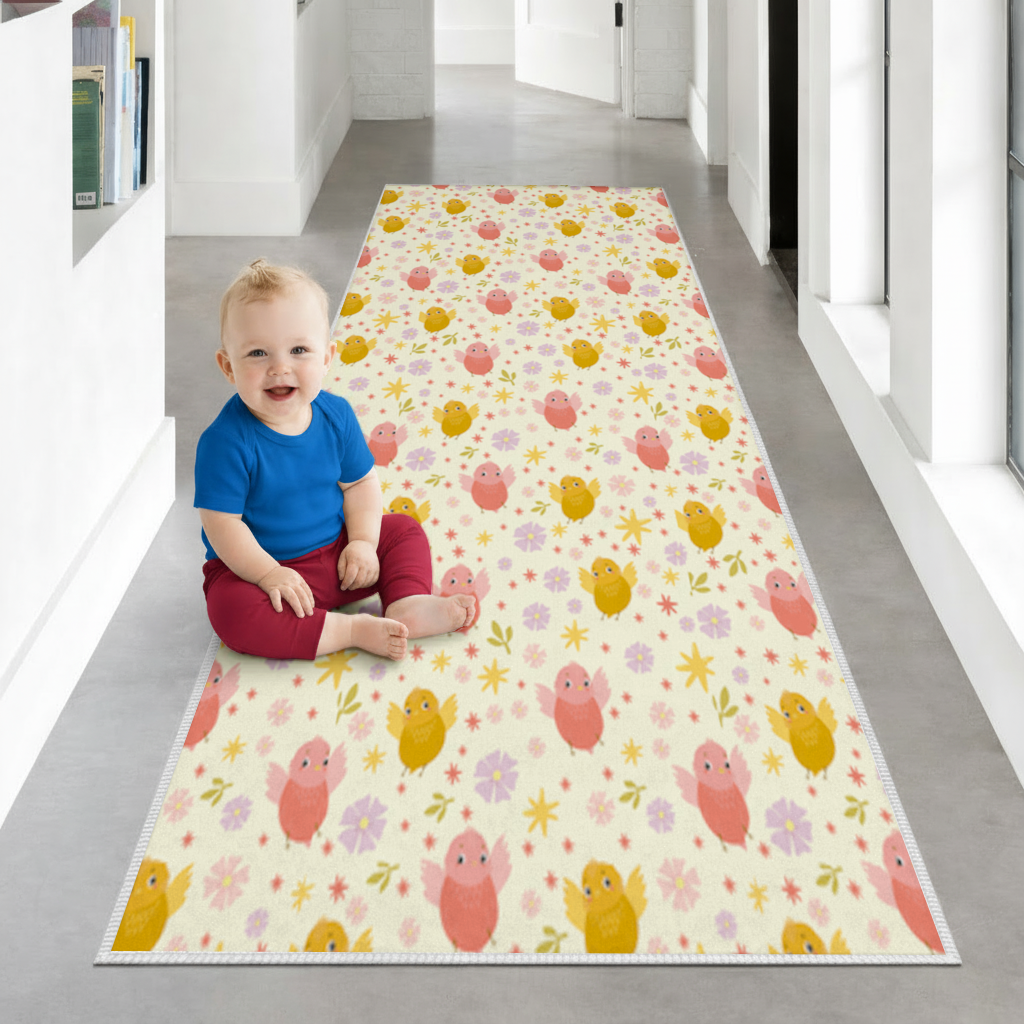 Cute Birds and Floral Pastel Spring Pattern Illustration Hallway & Entryway Rug