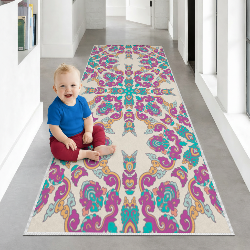 Colorful Oriental Symmetrical Mandala Pattern Hallway & Entryway Rug