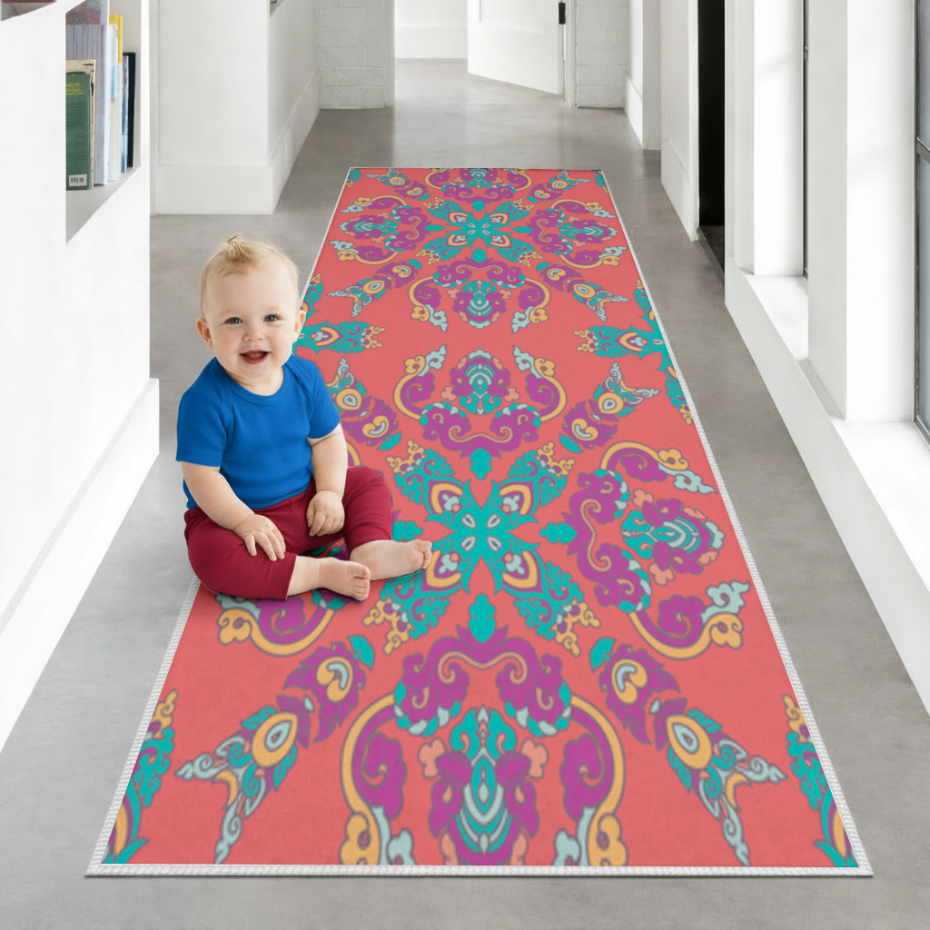 Canlı Kırmızı Zeminli Oryantal Mandala Deseni Antre ve Koridor Halısı