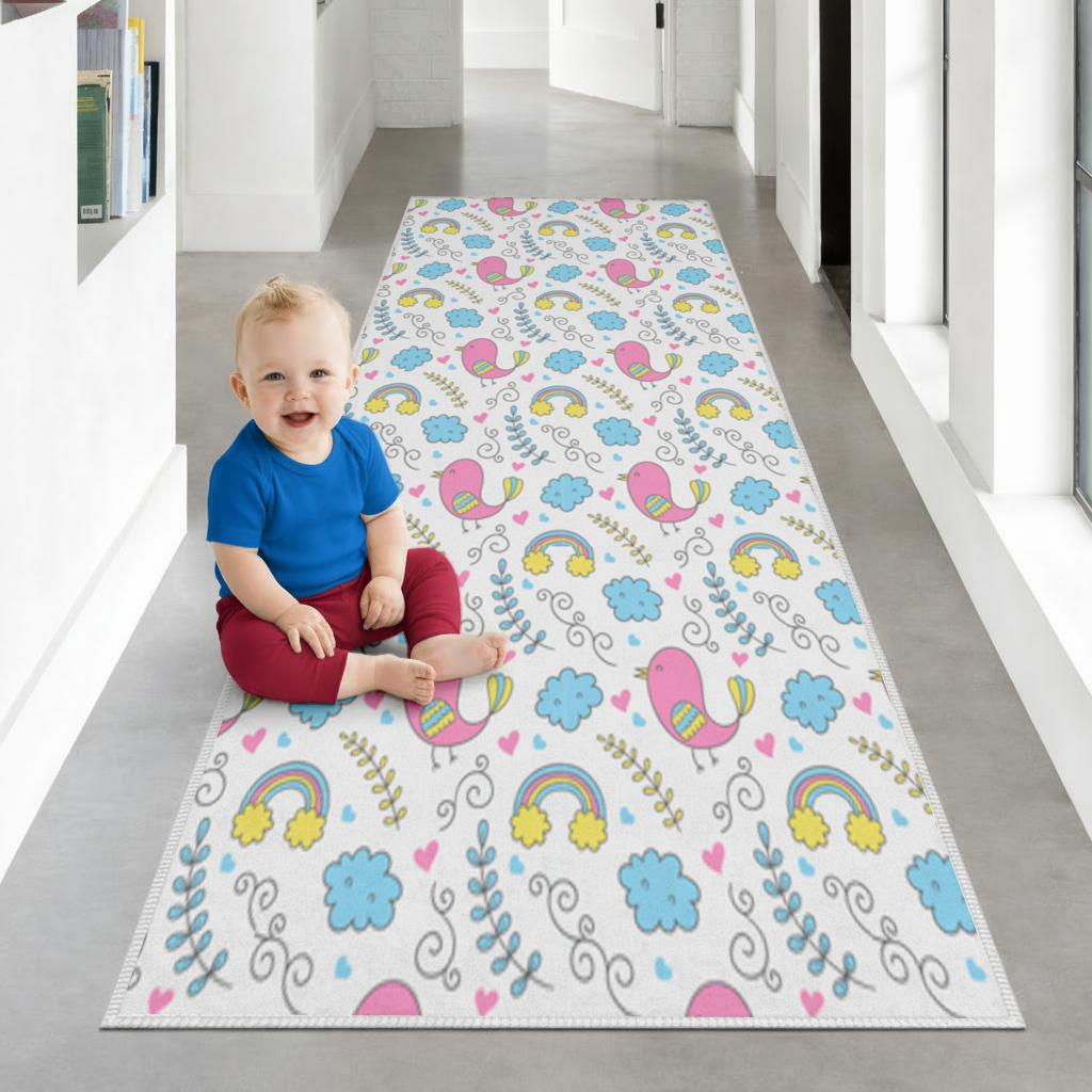Cute Pink Bird and Rainbow Kids Pattern Hallway & Entryway Rug
