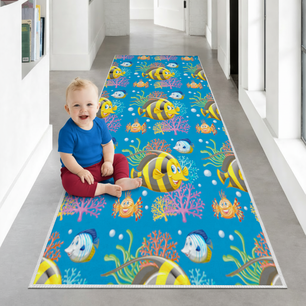 Colorful Tropical Fish and Coral Reef Pattern Hallway & Entryway Rug
