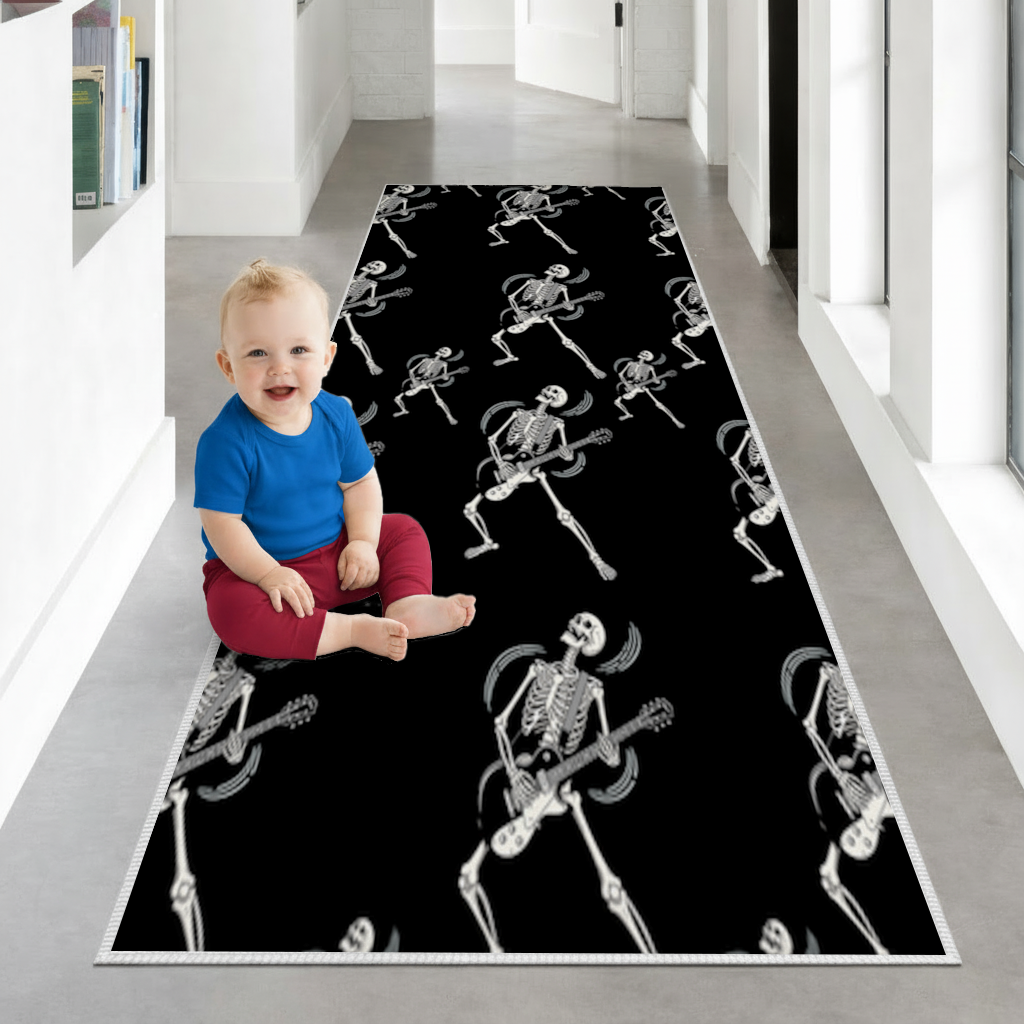 Rock Guitar Playing Skeleton Pattern on Black Hallway & Entryway Rug