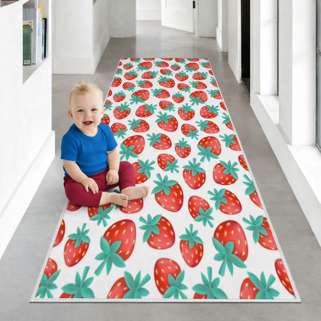 Vibrant Red Strawberry Summer Pattern Hallway & Entryway Rug