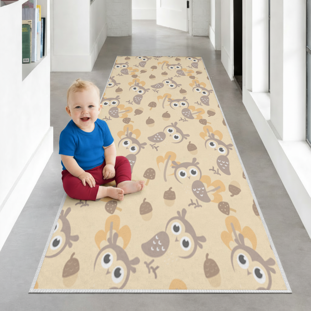 Cute Owl and Acorn Autumn Seamless Pattern Hallway & Entryway Rug