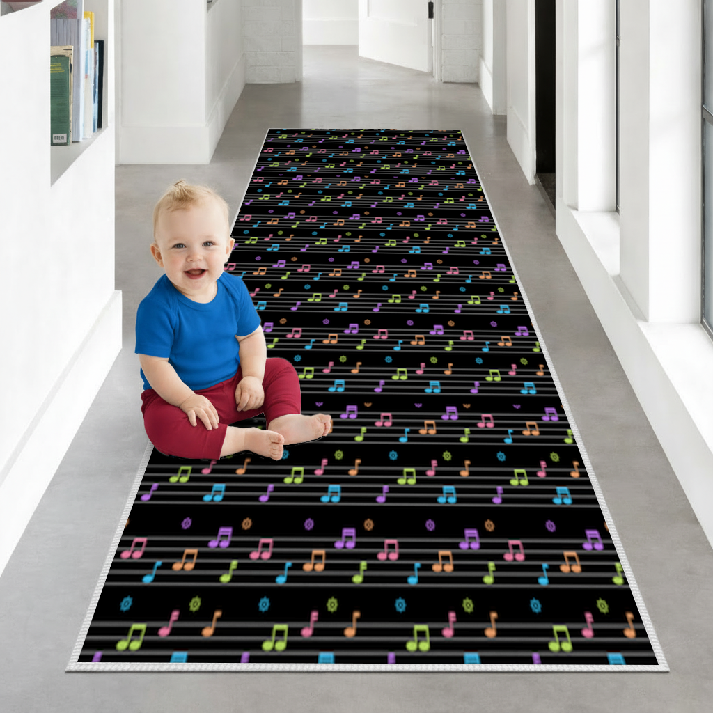 Vibrant Neon Music Notes and Rhythm Seamless Pattern Hallway & Entryway Rug