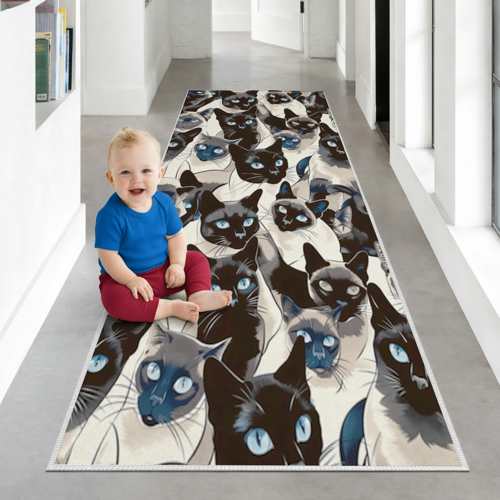 Blue Eyed Siamese Cat Elegant Illustration Pattern Hallway & Entryway Rug