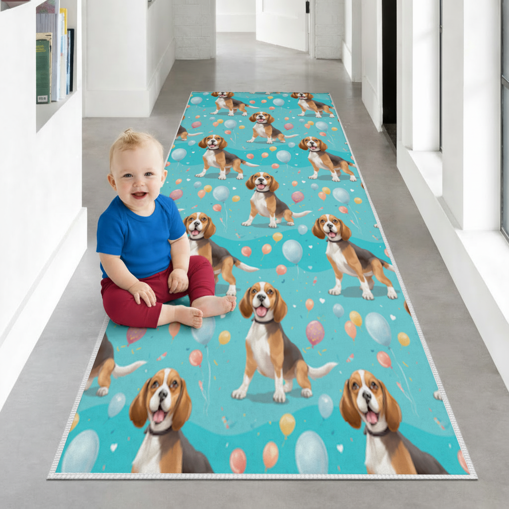 Cute Beagle Dog and Colorful Balloons Seamless Pattern Hallway & Entryway Rug