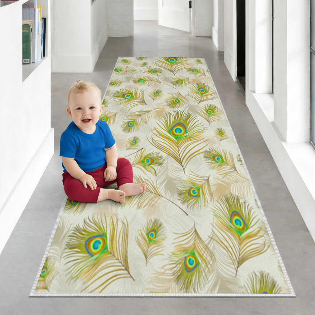 Elegant Peacock Feathers and Exotic Nature Seamless Pattern Hallway & Entryway Rug