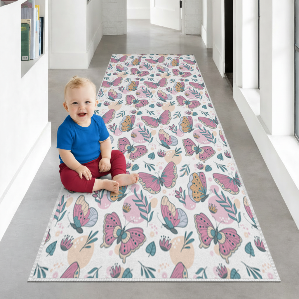 Pastel Renkli Kelebekler ve Botanik Yaprak Desenli İllüstrasyon Antre ve Koridor Halısı
