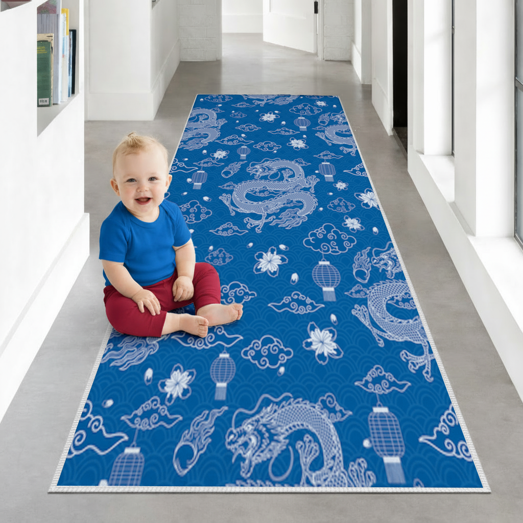 Traditional Dragon Pattern on Blue Background Hallway & Entryway Rug