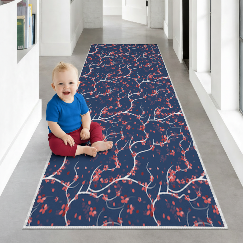 Red Floral Branch Pattern on Navy Background Hallway & Entryway Rug