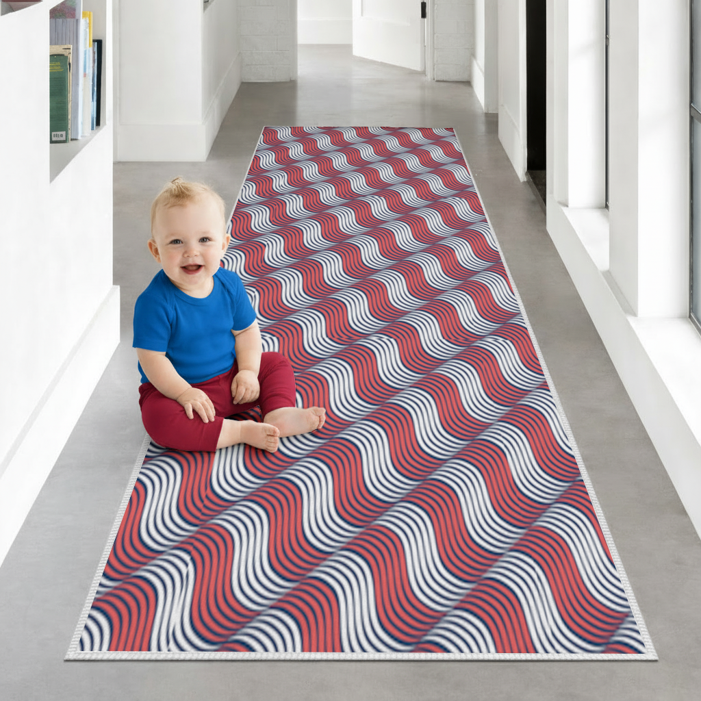 Red and Navy Wavy Line Pattern Hallway & Entryway Rug