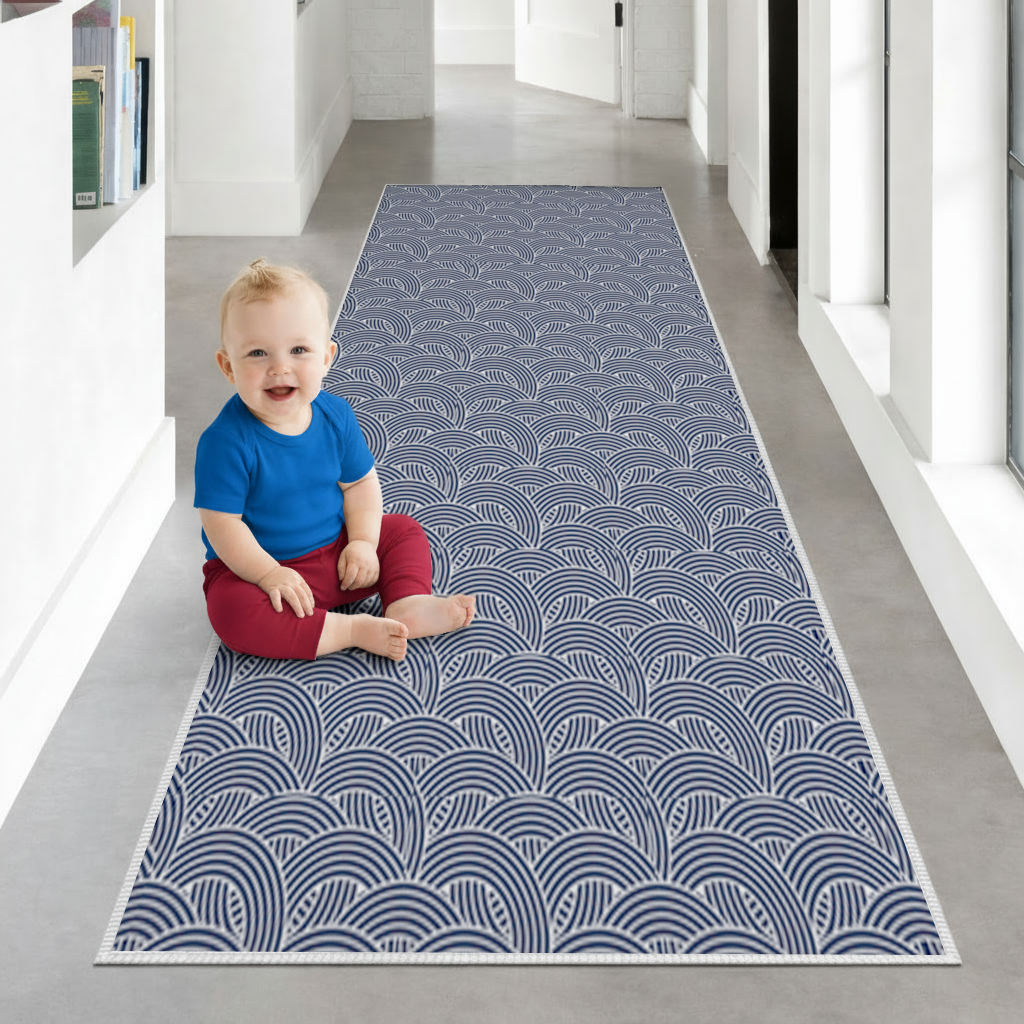 Navy and White Semi Circle Geometric Pattern Hallway & Entryway Rug