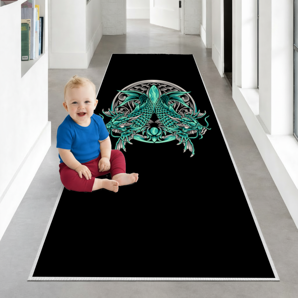 Turquoise Twin Dragon Emblem Design Hallway & Entryway Rug
