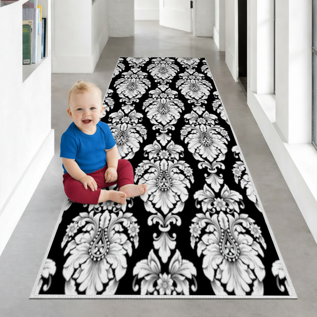 Black and White Baroque Floral Pattern Hallway & Entryway Rug