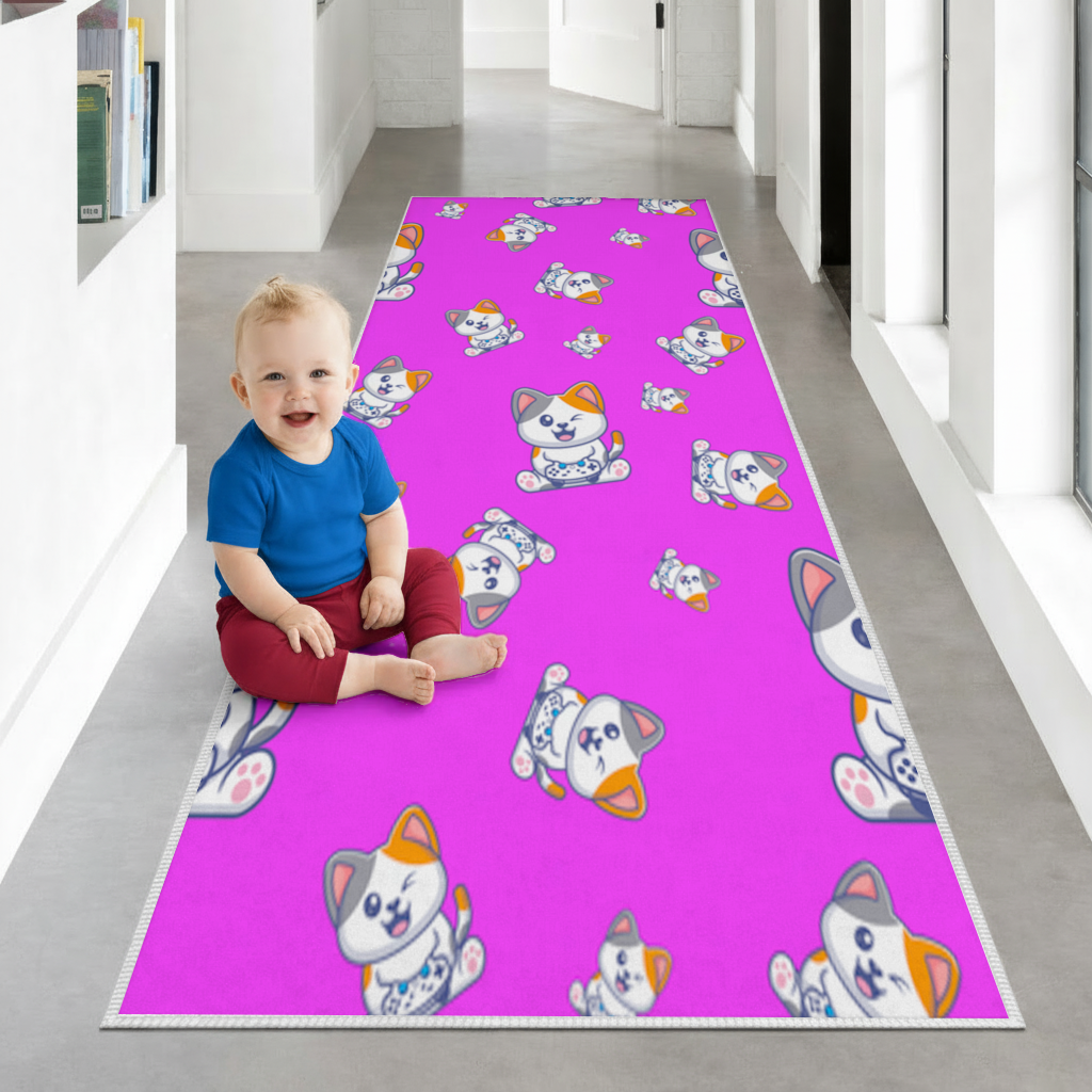 Cute Cartoon Cat Pattern on Pink Background Hallway & Entryway Rug
