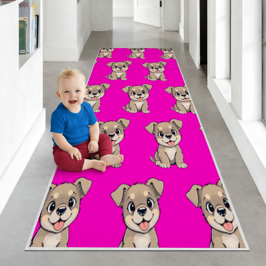 Cute Dog Illustration on Pink Background Hallway & Entryway Rug