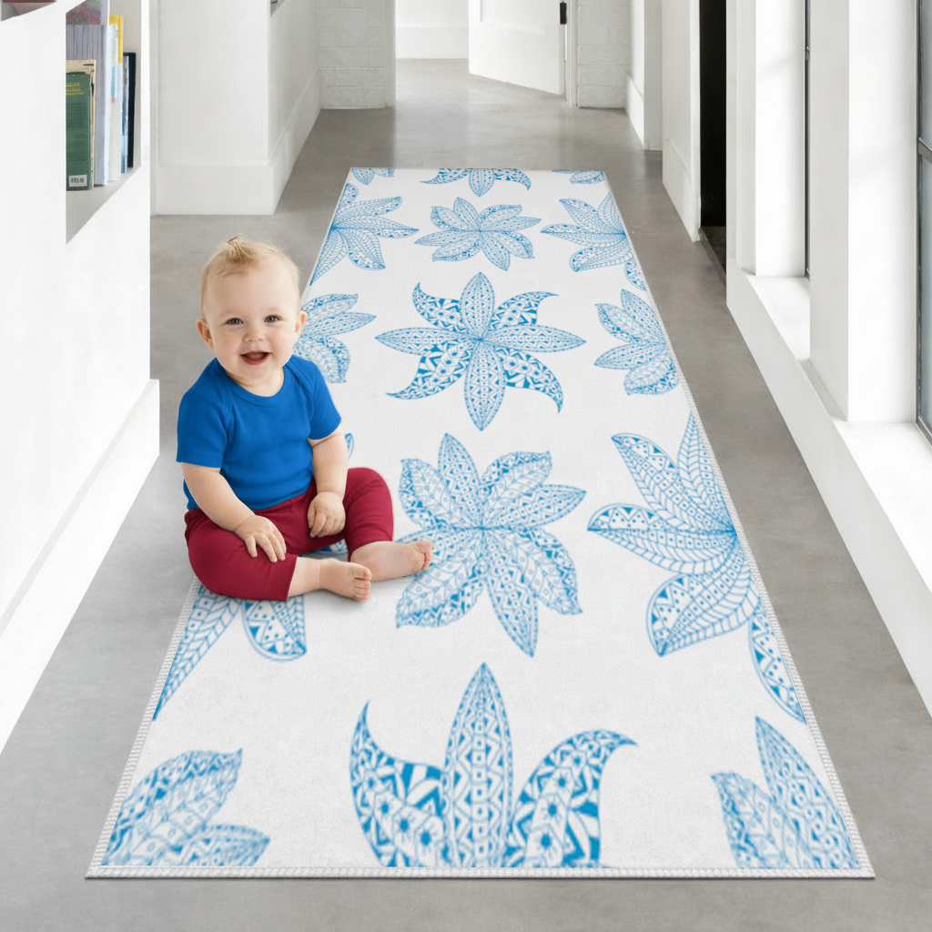 Blue Mandala Floral and Leaf Zentangle Pattern Hallway & Entryway Rug