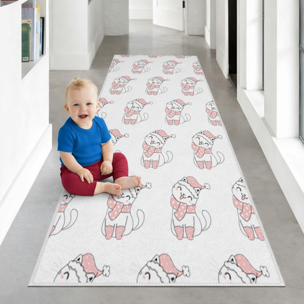 Cute Christmas Cat with Pink Polka Dot Outfit Hallway & Entryway Rug