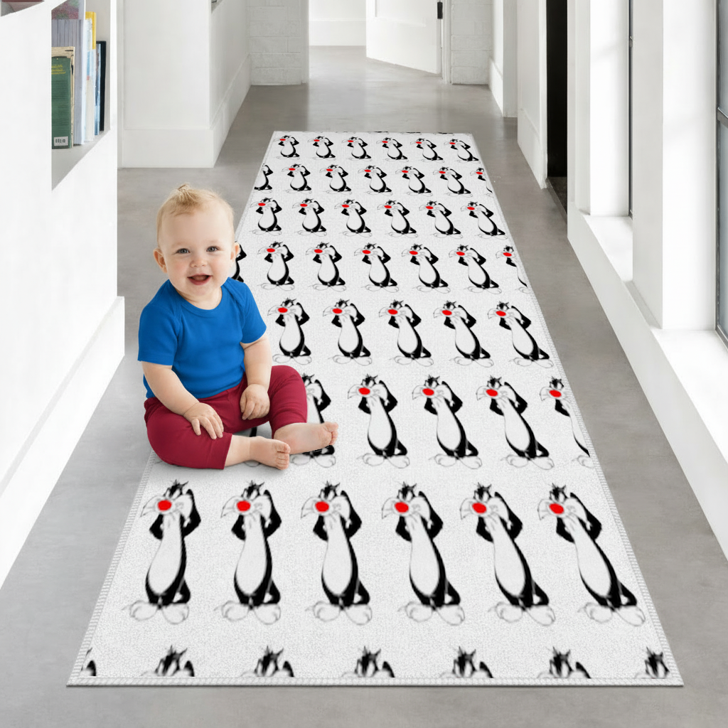 Funny Cartoon Cat Illustration Hallway & Entryway Rug