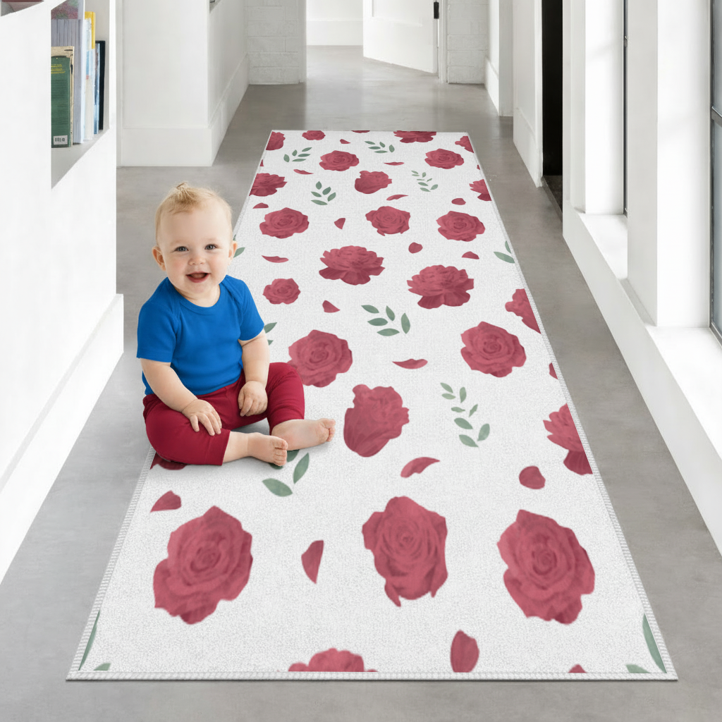 Red Rose and Leaf Romantic Seamless Pattern Hallway & Entryway Rug