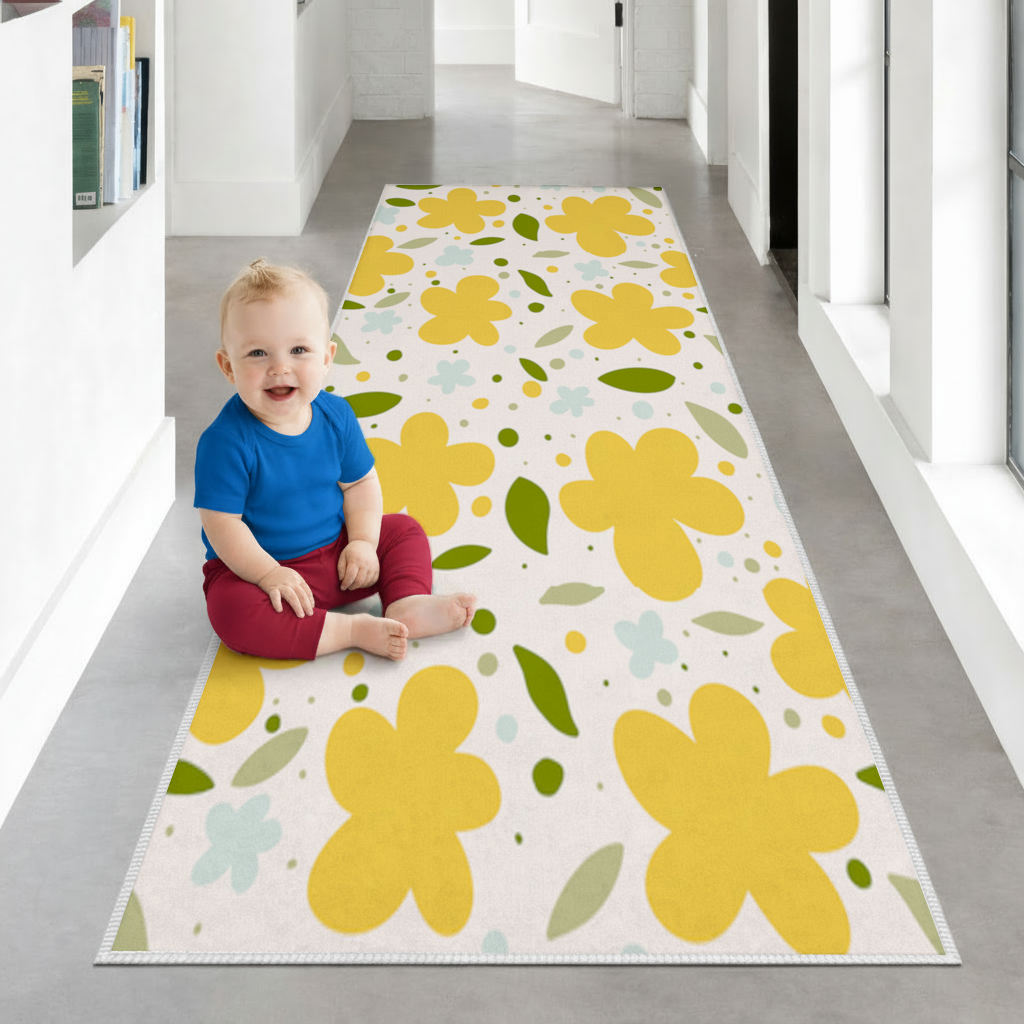 Yellow Floral and Leaf Boho Seamless Pattern Hallway & Entryway Rug