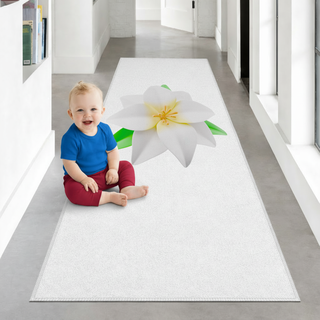 3D White Lily Flower Illustration Hallway & Entryway Rug