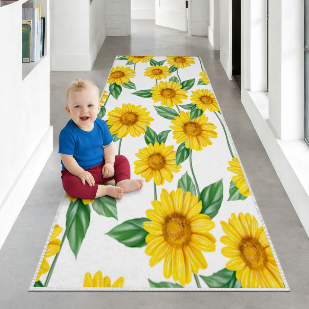 Vibrant Yellow Sunflower and Green Leaf Pattern Illustration Hallway & Entryway Rug