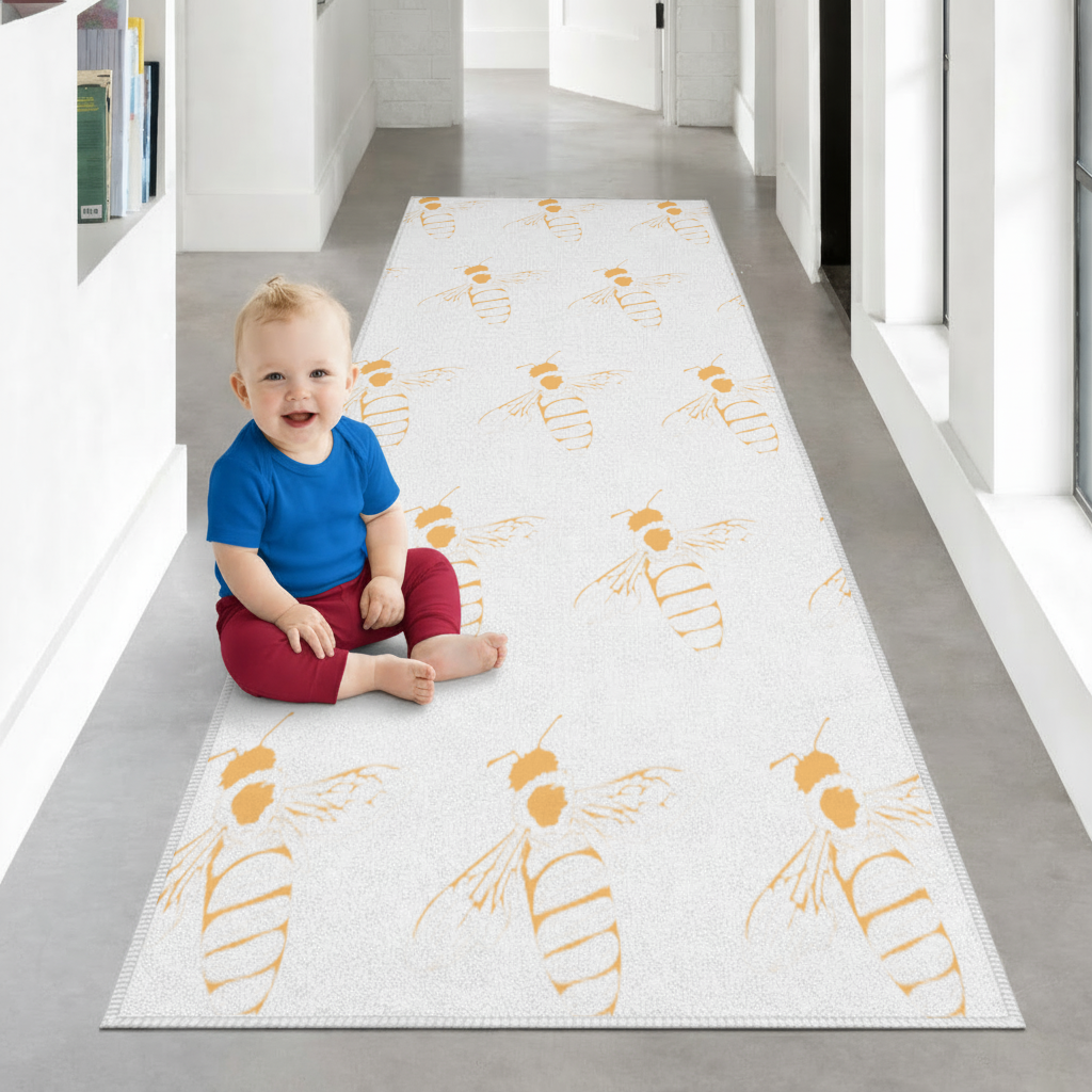Minimal Orange Bee Illustration Hallway & Entryway Rug