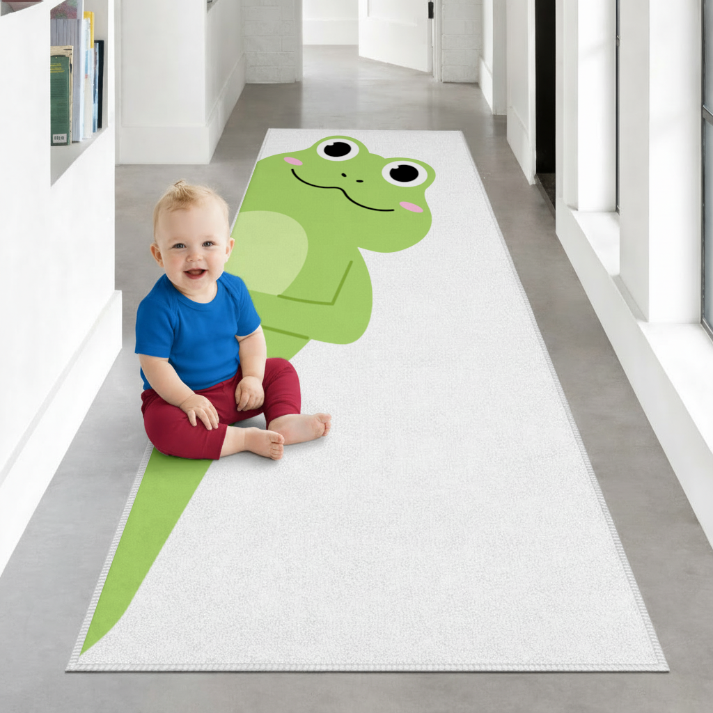 Cute Green Frog Peek-a-Boo Illustration Hallway & Entryway Rug