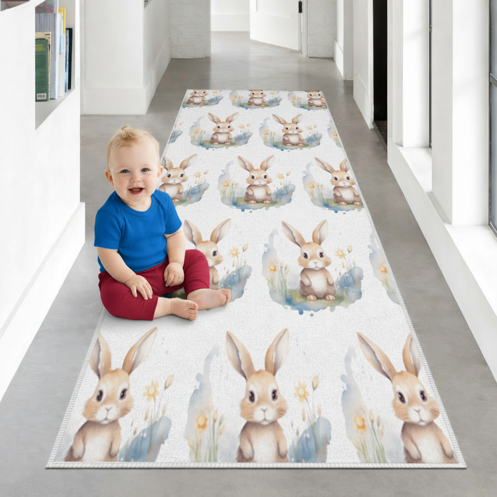 Cute Bunny Watercolor Illustration Hallway & Entryway Rug