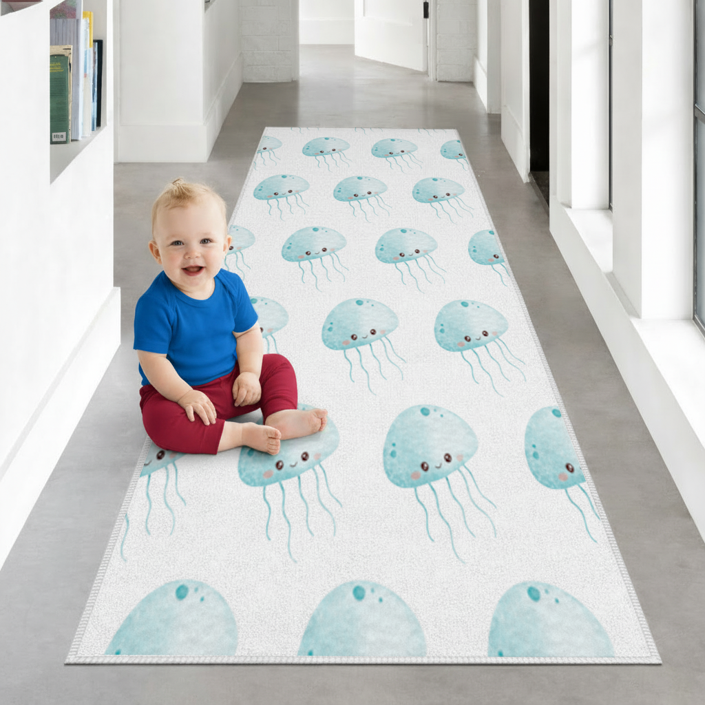 Cute Blue Jellyfish Character Hallway & Entryway Rug