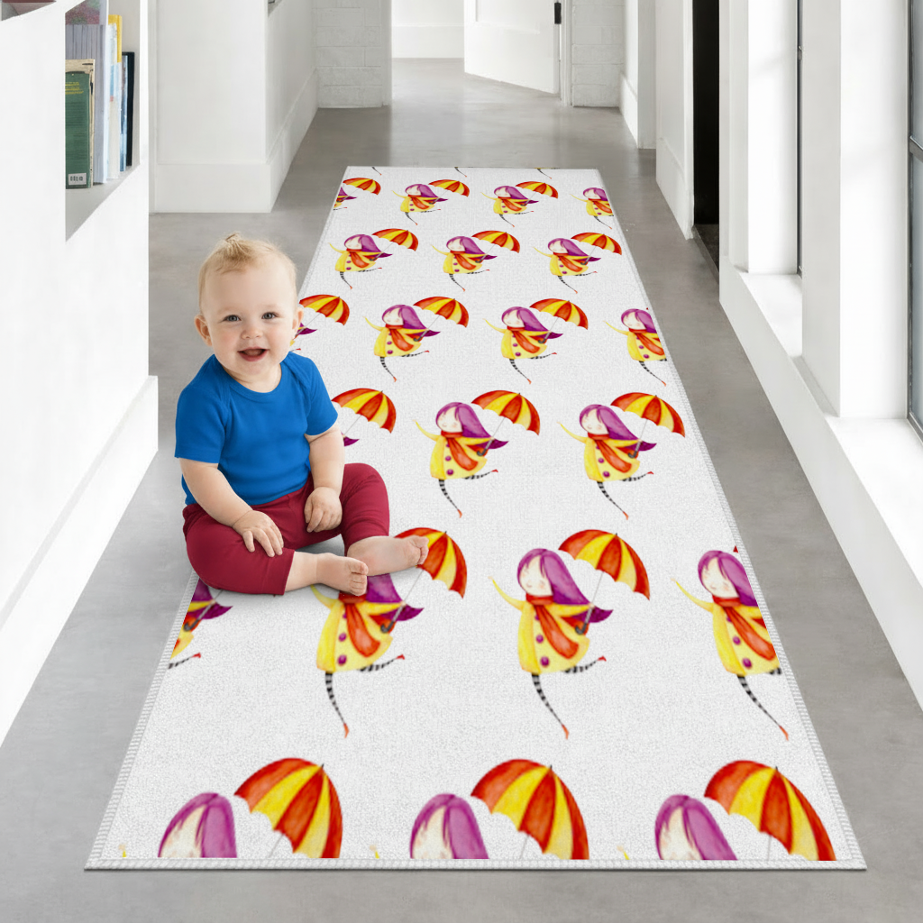 Cheerful Girl with Umbrella Hallway & Entryway Rug